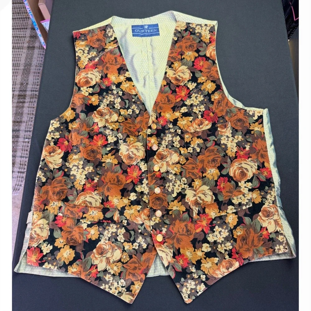 Gurteen Vintage Floral Vest L Brown Cotton Waistcoat Cottagecore Boho SEO Luxe